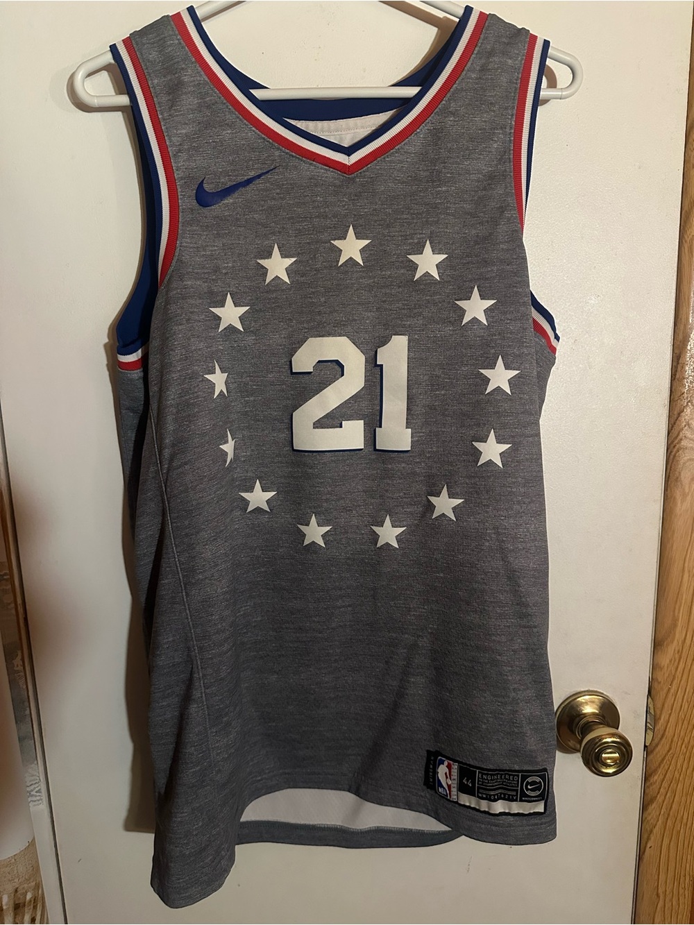 Nike Gray Joel Embiid Basketball Jersey with White Stars and Blue-Red Trim